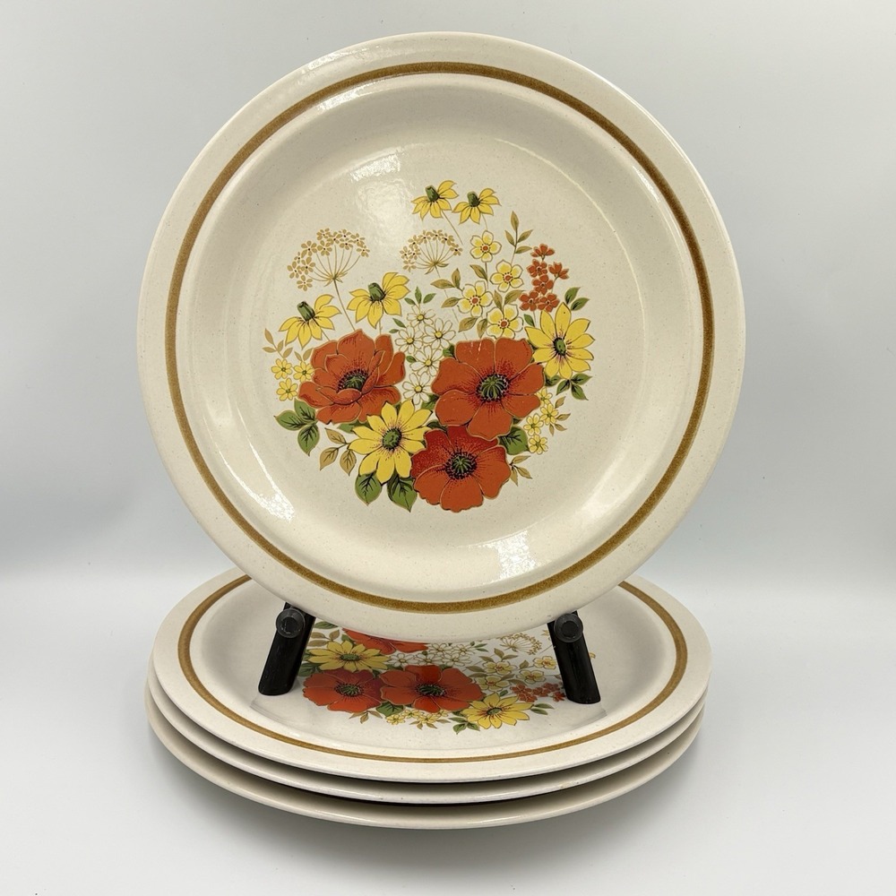 1970s Hall Craft Mikasa  Sunny Brook 4‎ Dinner Plates  Floral Orange Stoneware